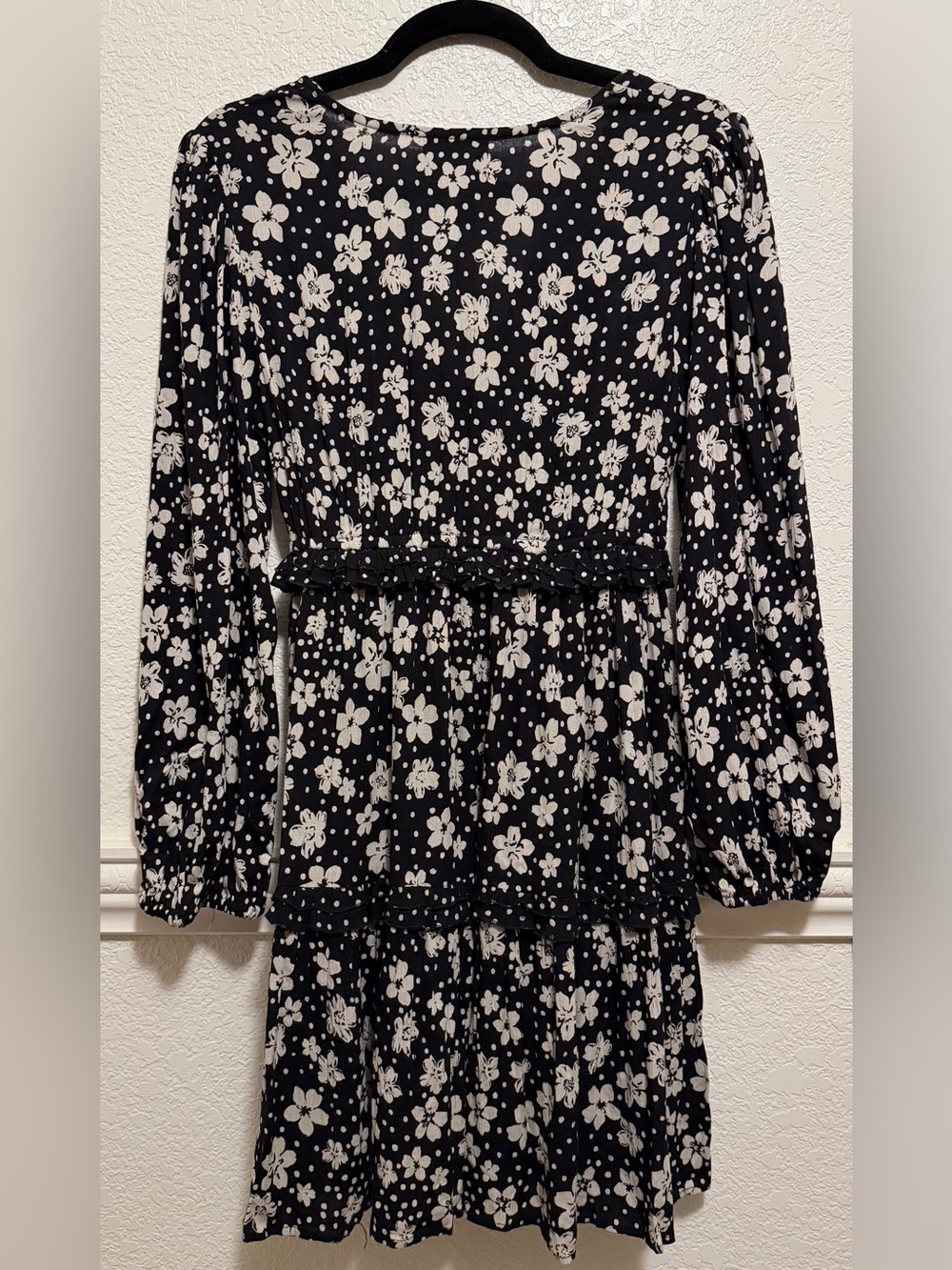 Angie Black Floral Long Sleeve Ruffle Mini Dress Boho Babydoll - Picture 9 of 10